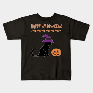 Halloween Witch Cat and Pumpkin Kids T-Shirt